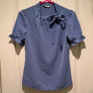 Allegra K Dusty Blue Bow-Tie Puff Sleeve Blouse
